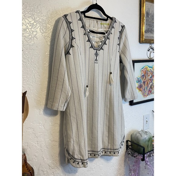 🌻Gianni Bini {L} Ivory/Cotton Boho Long Sleeve Mini Dress - Picture 2 of 12